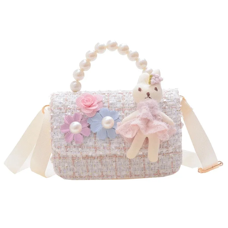 New Girl Bag Pearl  Style Portable Trendy Bag Woolen Flower Fashion Girl Princess Crossbody Bag