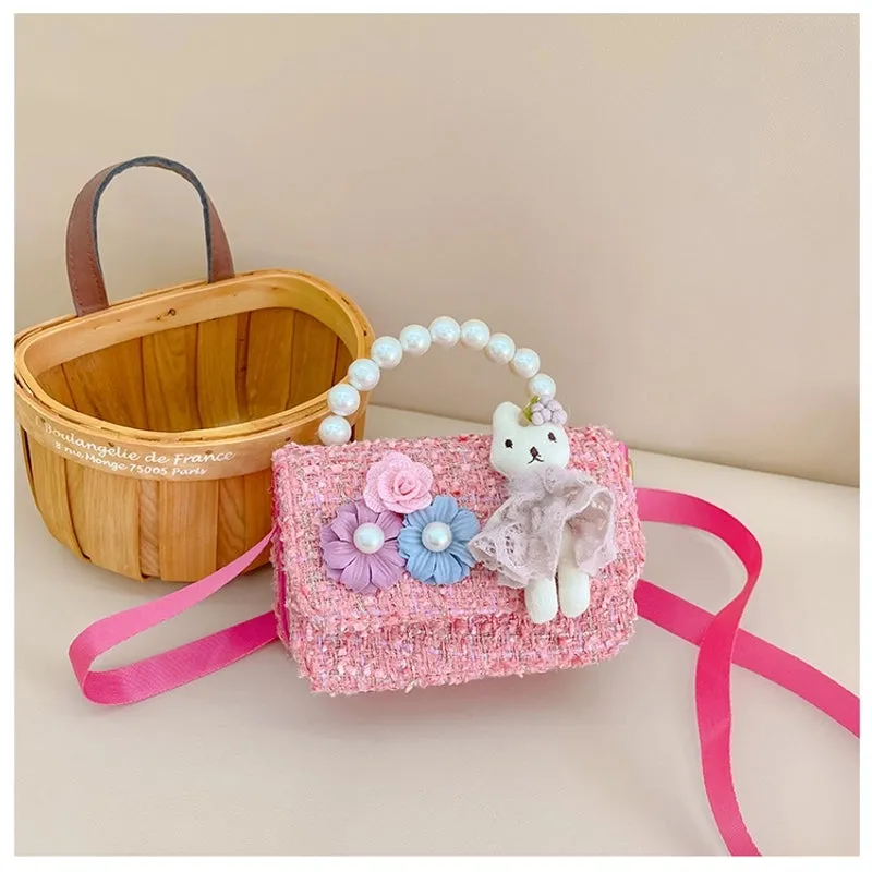 New Girl Bag Pearl  Style Portable Trendy Bag Woolen Flower Fashion Girl Princess Crossbody Bag