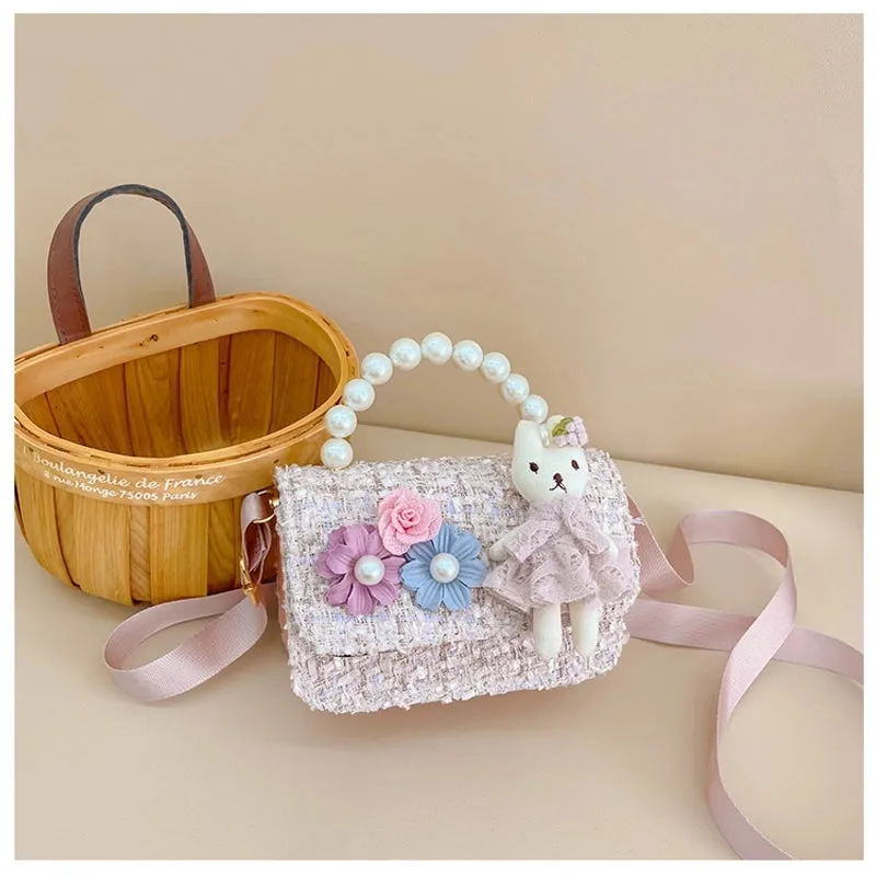 New Girl Bag Pearl  Style Portable Trendy Bag Woolen Flower Fashion Girl Princess Crossbody Bag