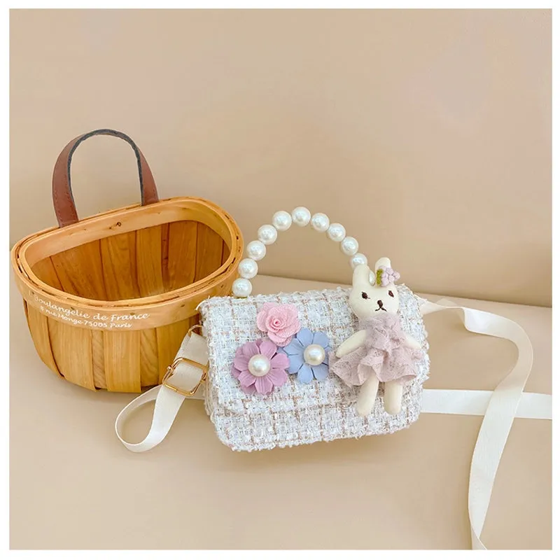 New Girl Bag Pearl  Style Portable Trendy Bag Woolen Flower Fashion Girl Princess Crossbody Bag