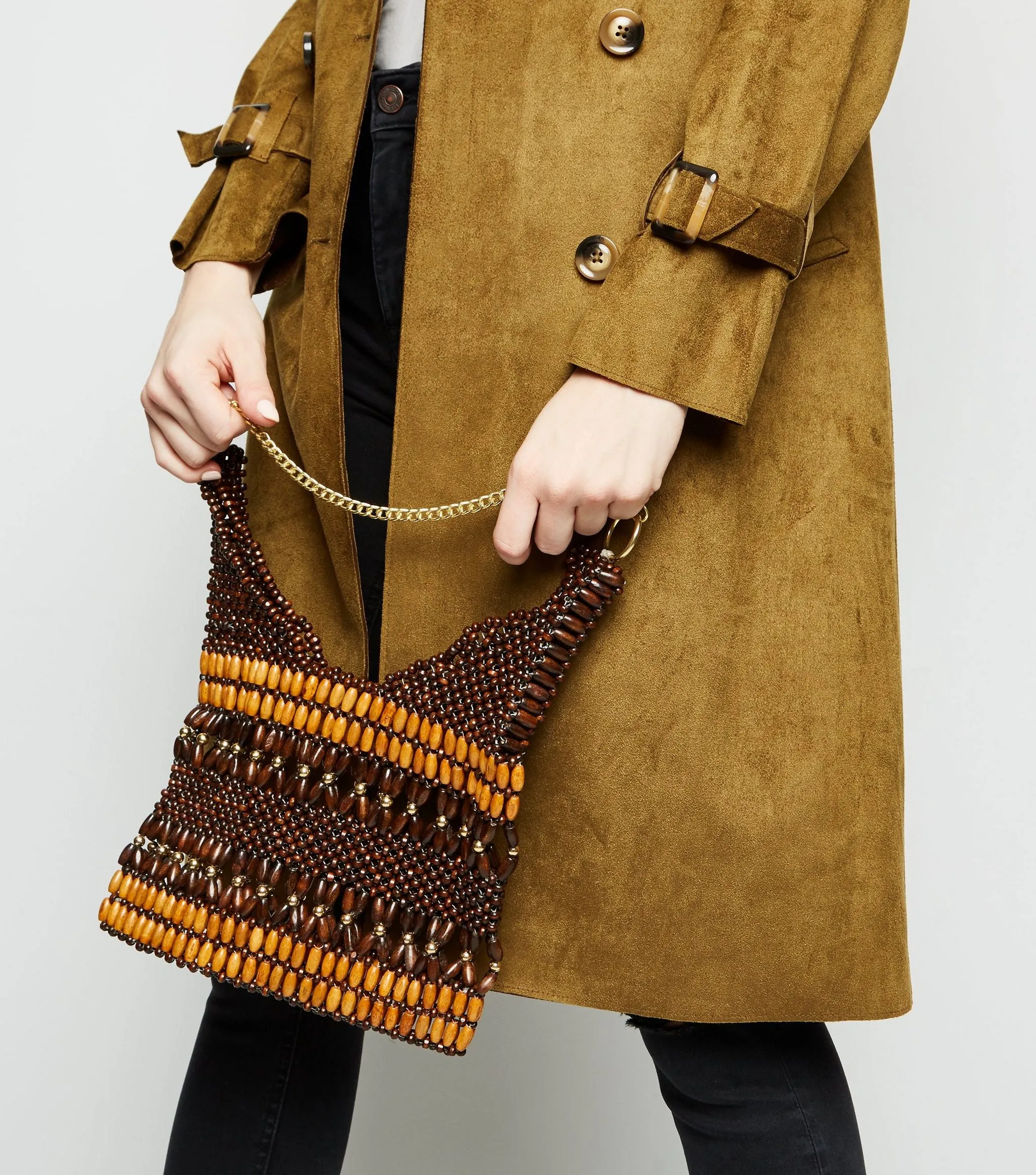 NEW LOOK - BROWN WOOD BEAD CHAIN STRAP SHOULDER BAG