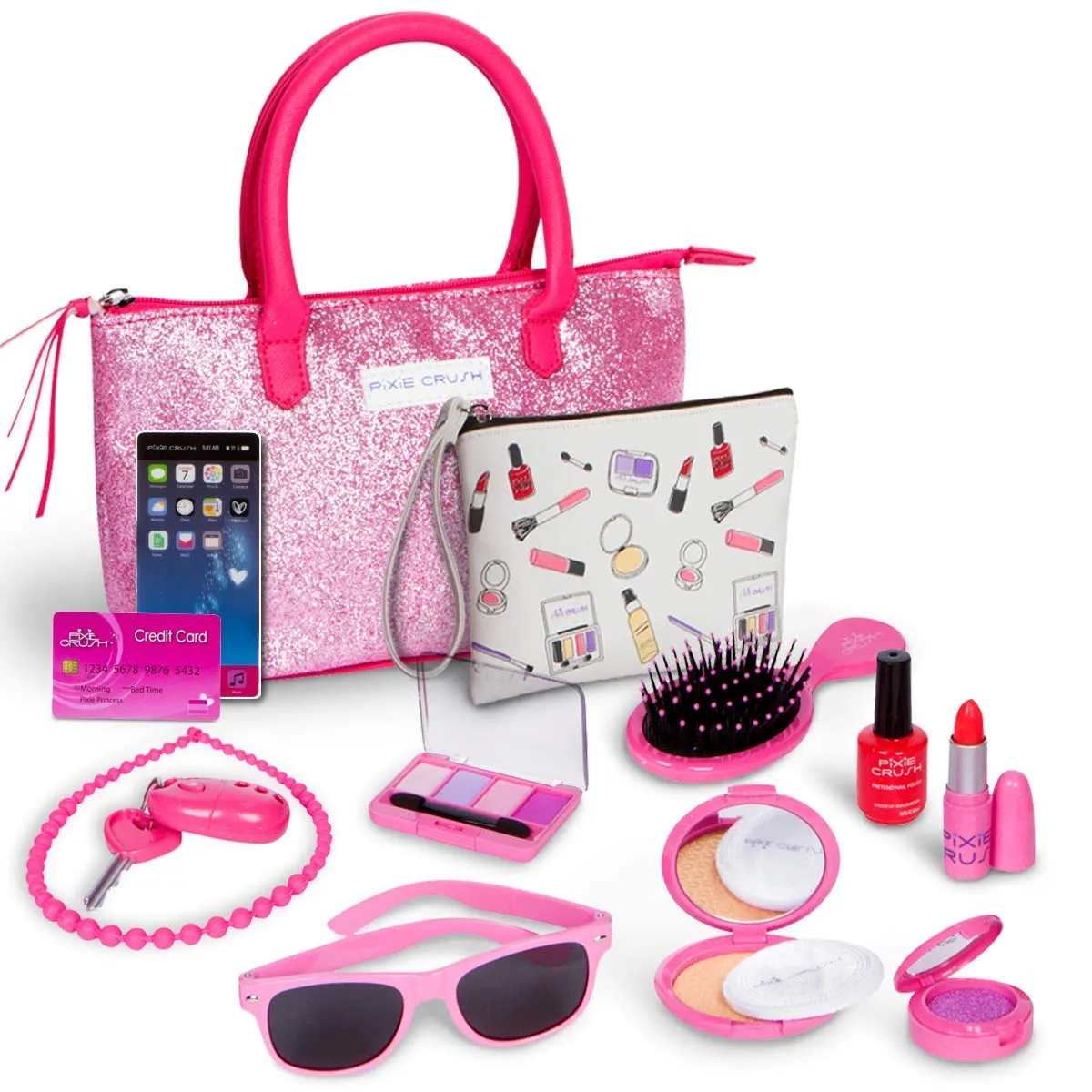 PixieCrush Deluxe Pink Sparkle Pretend Play Kid Purse Set for Girls with Handbag, Pretend