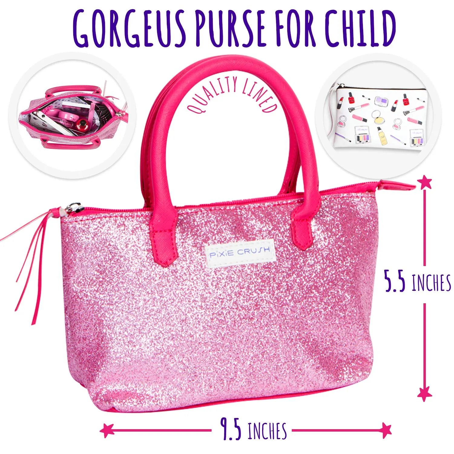 PixieCrush Deluxe Pink Sparkle Pretend Play Kid Purse Set for Girls with Handbag, Pretend