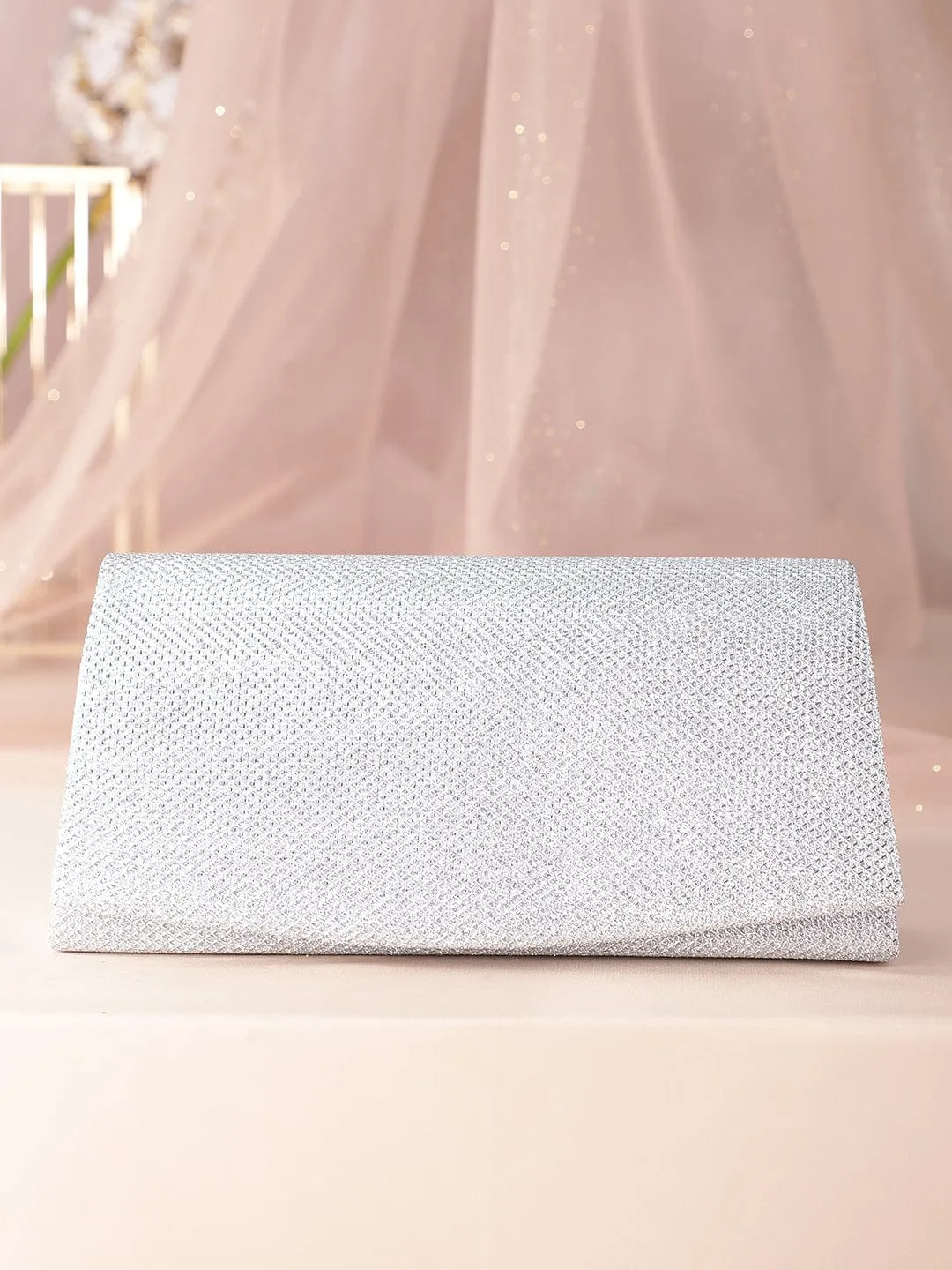 Rubans Timeless Radiance Handcrafted Silver Shimmery Clutch Bag