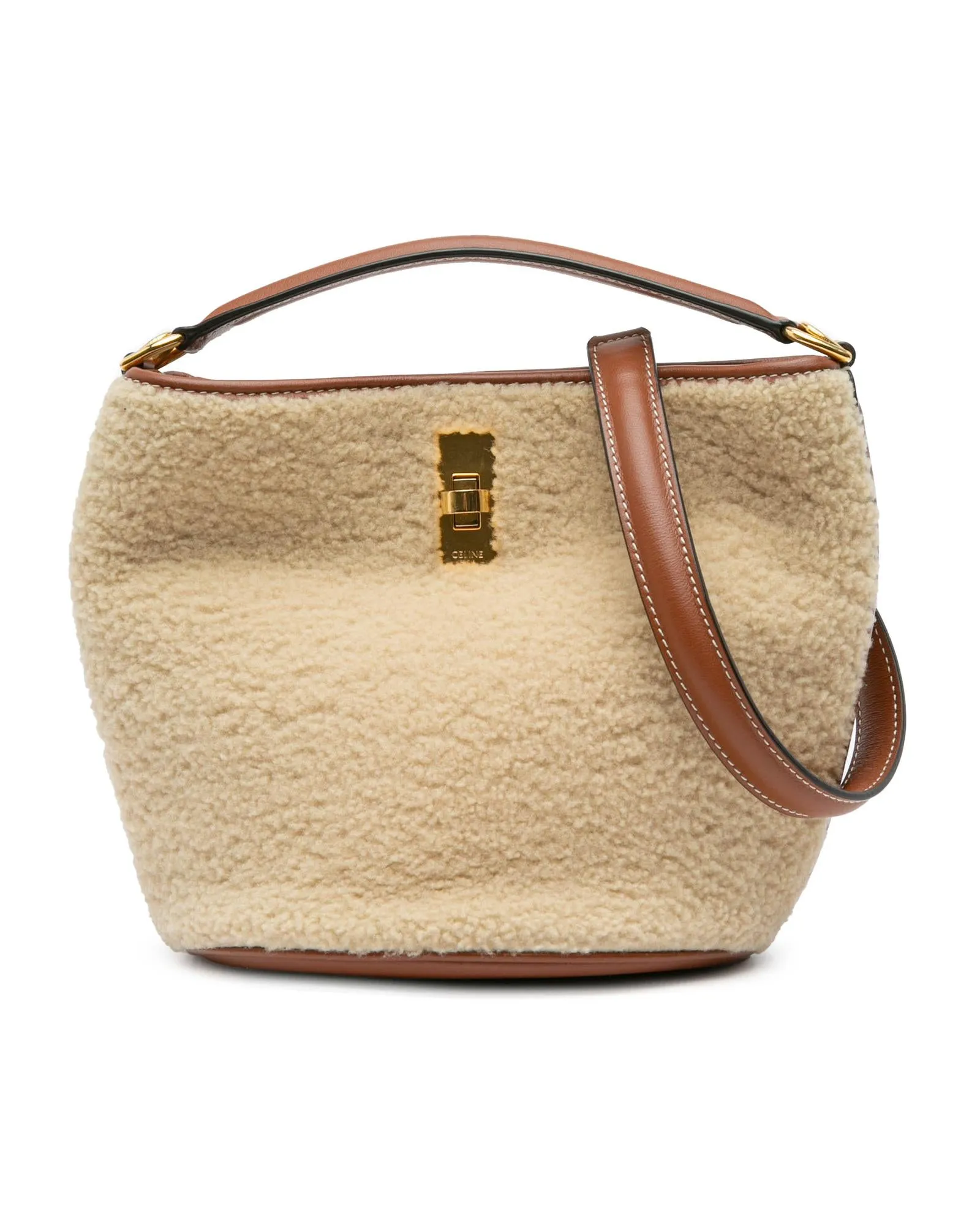 Shearling Bucket Bag with Leather Trim and Turn-Lock Closure