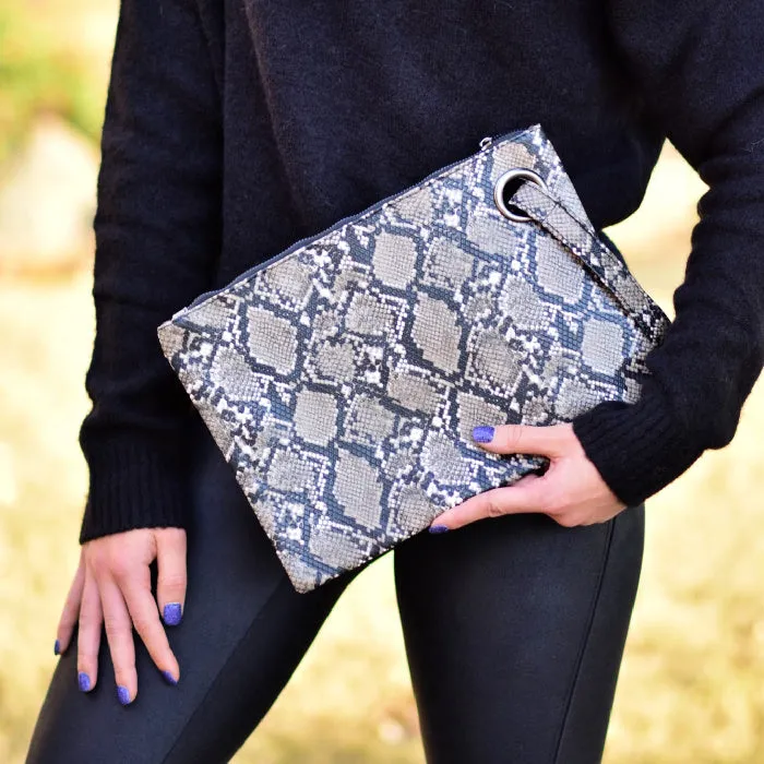 Snake Print Wristlet Clutch - Gray