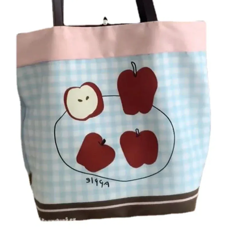 Sohiwoo Blue Plaid Large Capacity Cute Japanese Cartoon Apple Canvas Tote Bag Storage Bag Commuting Bag Women's Bags Handbag