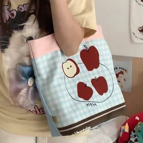 Sohiwoo Blue Plaid Large Capacity Cute Japanese Cartoon Apple Canvas Tote Bag Storage Bag Commuting Bag Women's Bags Handbag