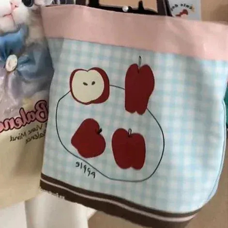 Sohiwoo Blue Plaid Large Capacity Cute Japanese Cartoon Apple Canvas Tote Bag Storage Bag Commuting Bag Women's Bags Handbag