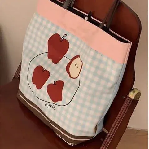 Sohiwoo Blue Plaid Large Capacity Cute Japanese Cartoon Apple Canvas Tote Bag Storage Bag Commuting Bag Women's Bags Handbag