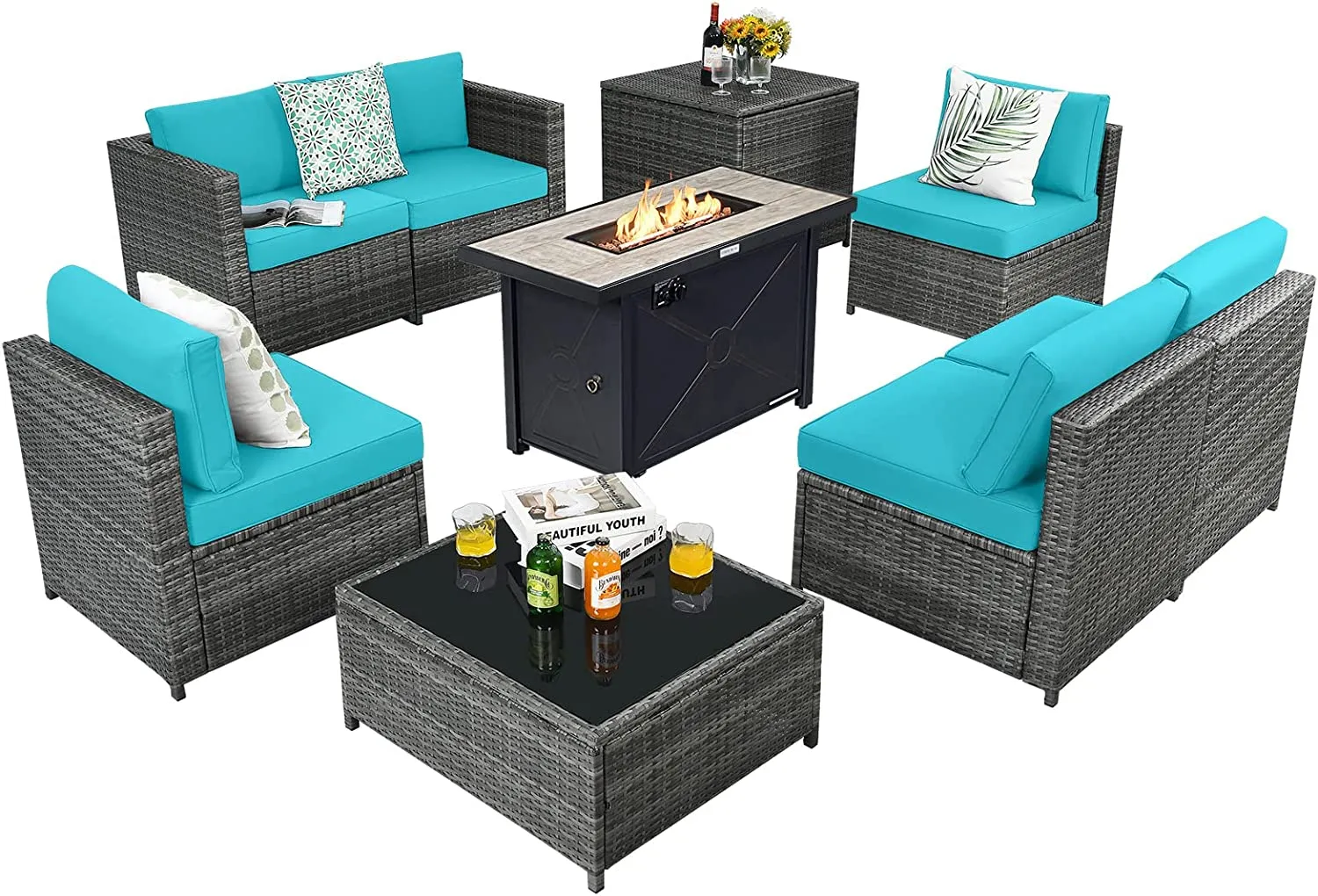 Tangkula 9 Pieces Patio Rattan Furniture Set, Patiojoy Sectional Sofa Set with Fire Pit Table,Waterproof Covers Includes