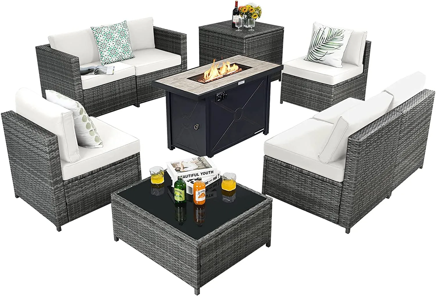 Tangkula 9 Pieces Patio Rattan Furniture Set, Patiojoy Sectional Sofa Set with Fire Pit Table,Waterproof Covers Includes