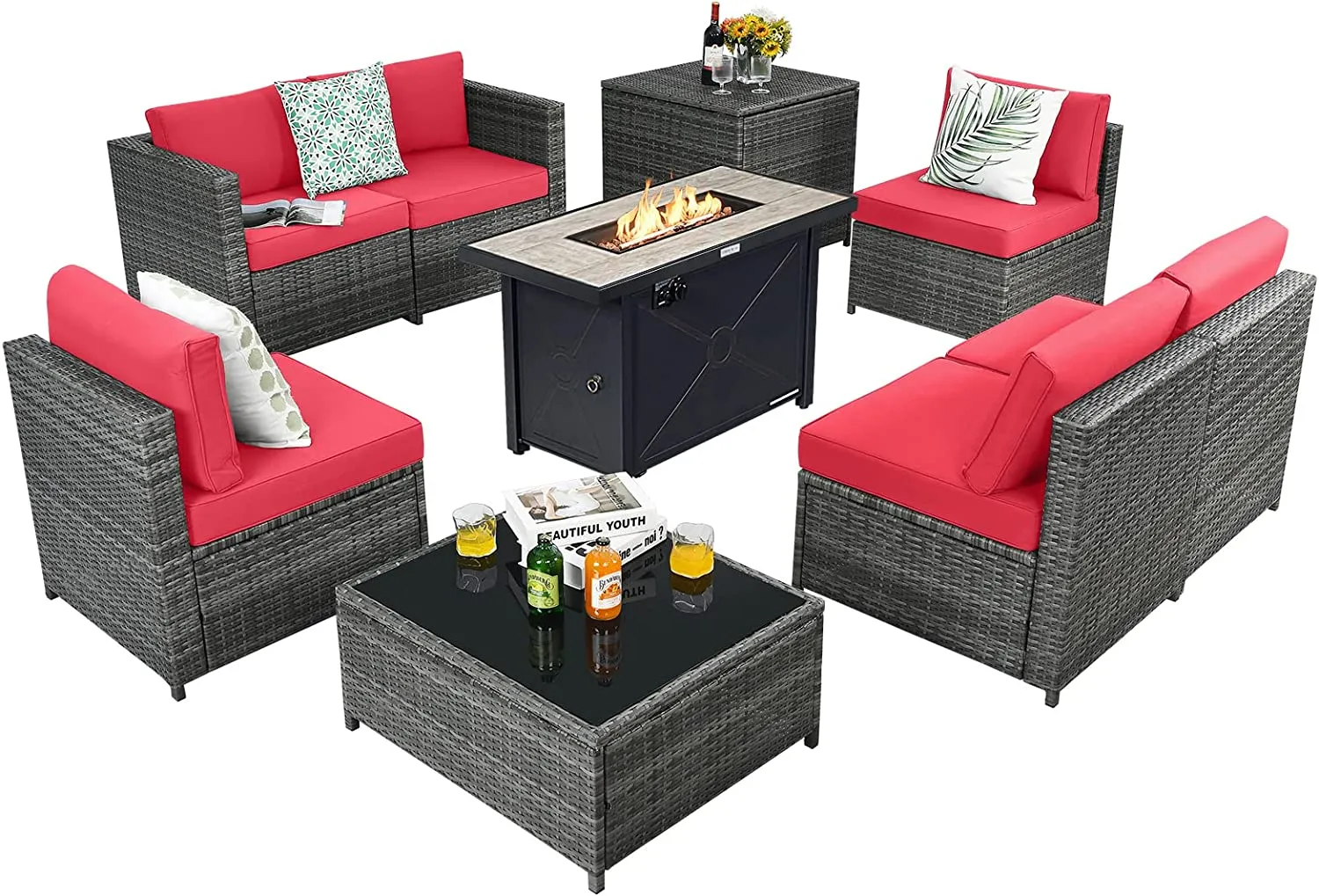 Tangkula 9 Pieces Patio Rattan Furniture Set, Patiojoy Sectional Sofa Set with Fire Pit Table,Waterproof Covers Includes