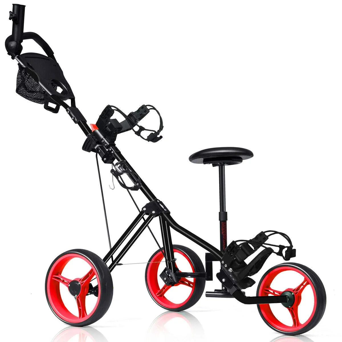 Tangkula Golf Push Cart with Seat, Lightweight Folding 3 Wheels Golf Pull Cart, Golf Trolley with Scoreboard Bag Foot Brake