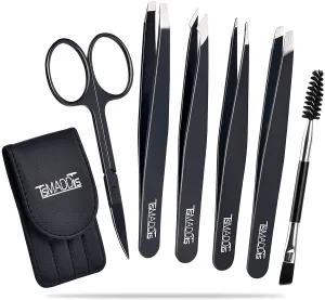 Tweezers Set and Curved Scissors, Professional Stainless Steel Tweezers for Women and Men, 6 Pack Precision Tweezers for Eyebrows for Ingrown Hair, Plucking Daily Beauty Tool with Leather Travel Case