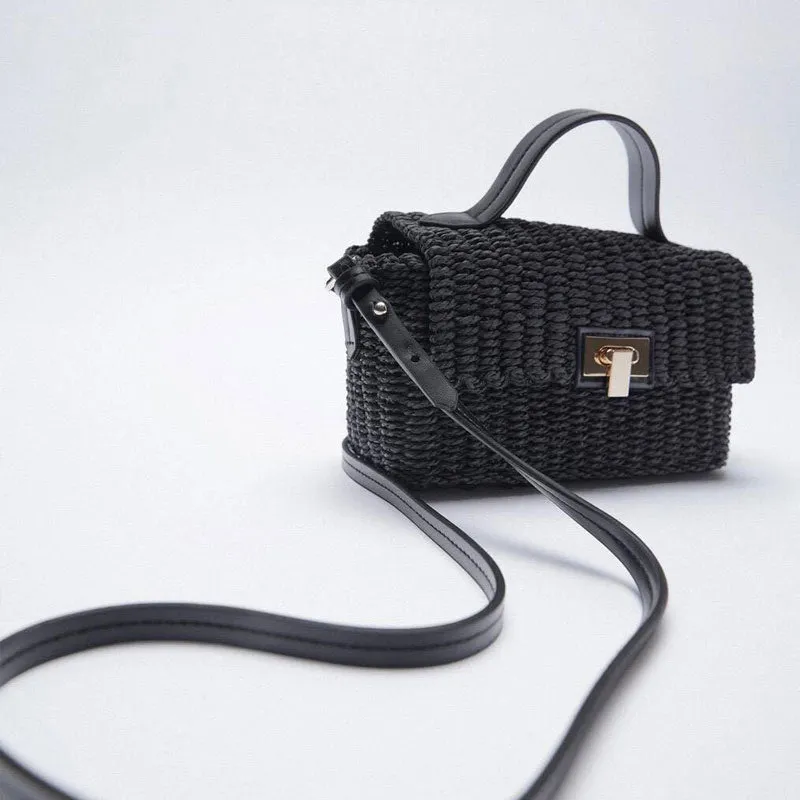 Vacation Ready Woven Faux Leather Trim Top Handle Crossbody Bag - Black