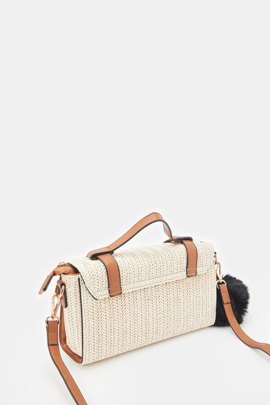 Women Beige Straw Embellished Satchel Bag