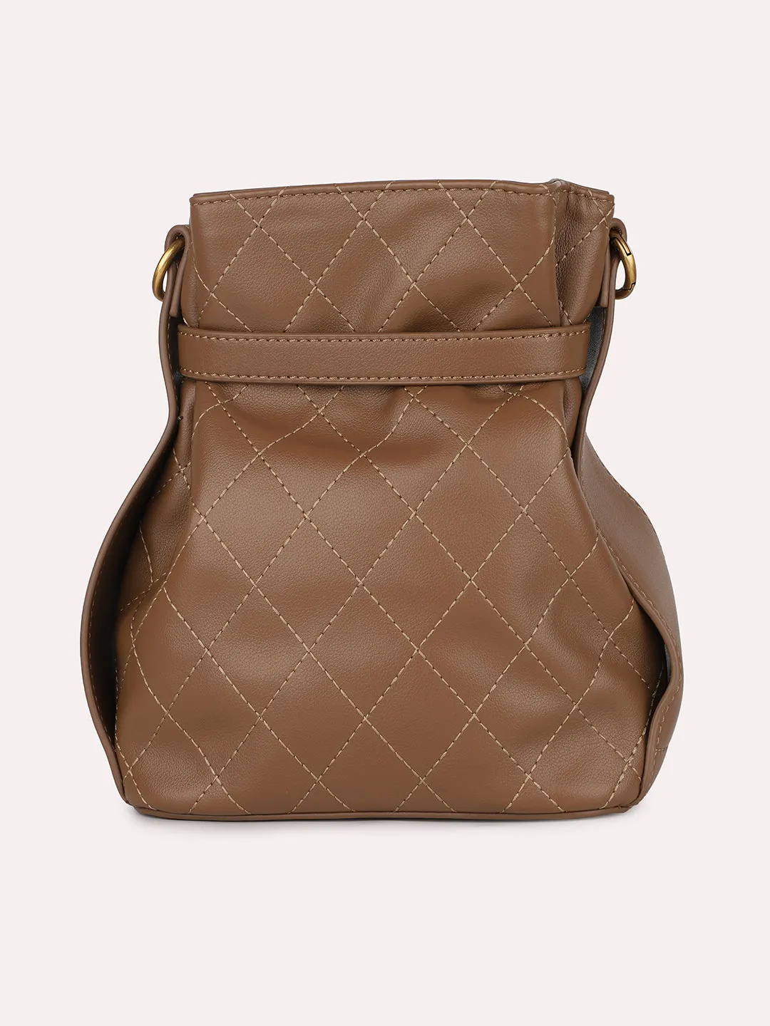 Women Brown Textured Quilted Textured Potli With Buckle Detail