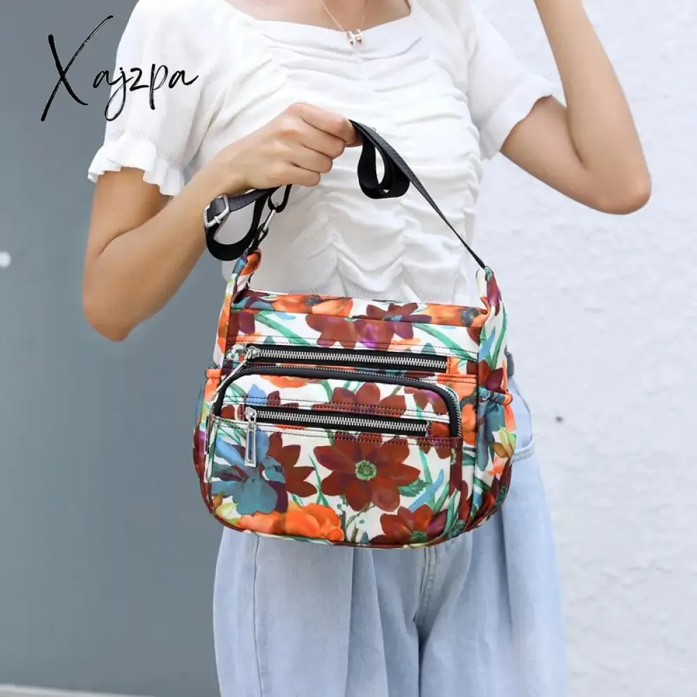 Xajzpa - Nylon Shoulder Bag For Women Waterproof Multi-pocket Zipper Messenger Bag Flower Travel Purses And Handbags Bolsa Feminina Sac